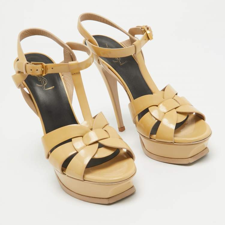 Pre Owned Saint Laurent Beige Patent Leather Tribute Sandals Size 39