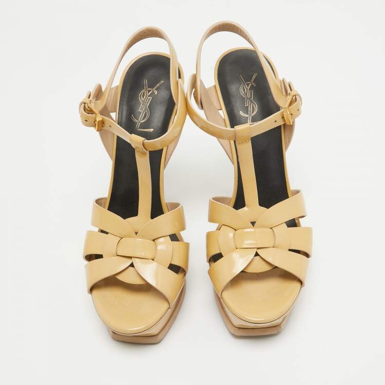 Pre Owned Saint Laurent Beige Patent Leather Tribute Sandals Size 39