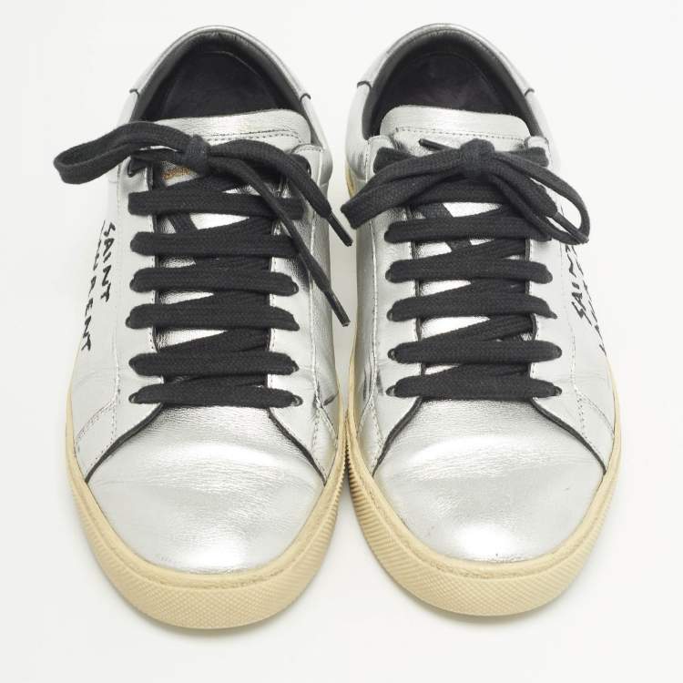 Pre Owned Saint Laurent Silver Leather Court Classic Sneakers Size 39.5