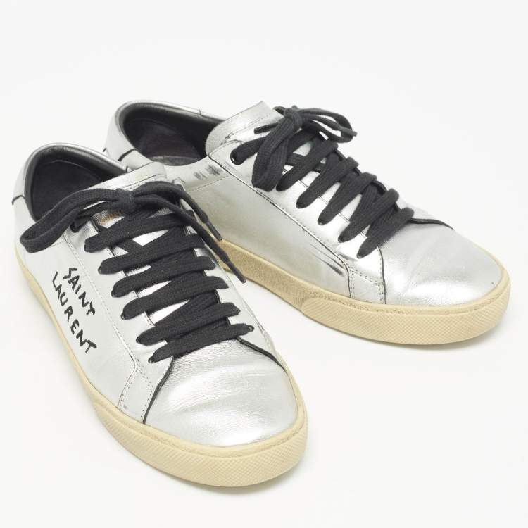 Pre Owned Saint Laurent Silver Leather Court Classic Sneakers Size 39.5