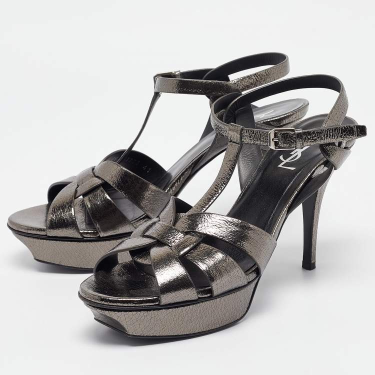 Pre Owned Saint Laurent Metallic Grey Textured Leather Tribute Sandals Size 41