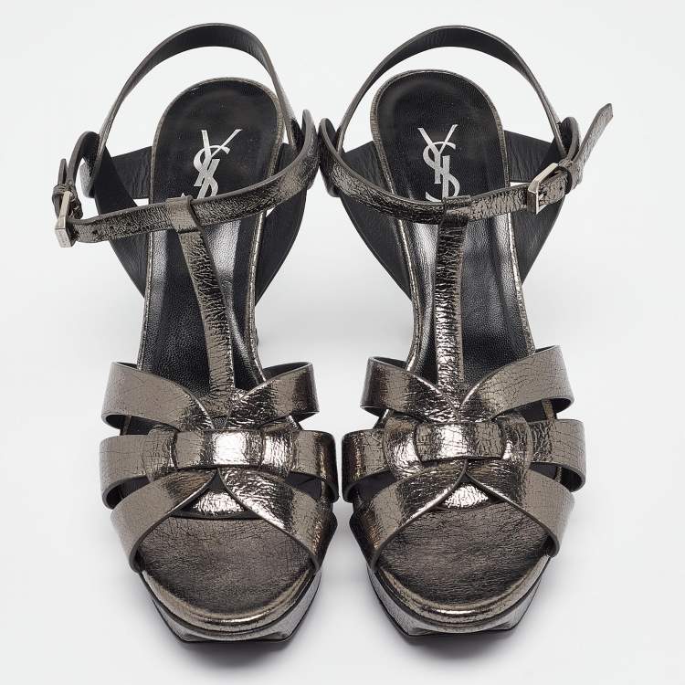 Pre Owned Saint Laurent Metallic Grey Textured Leather Tribute Sandals Size 41