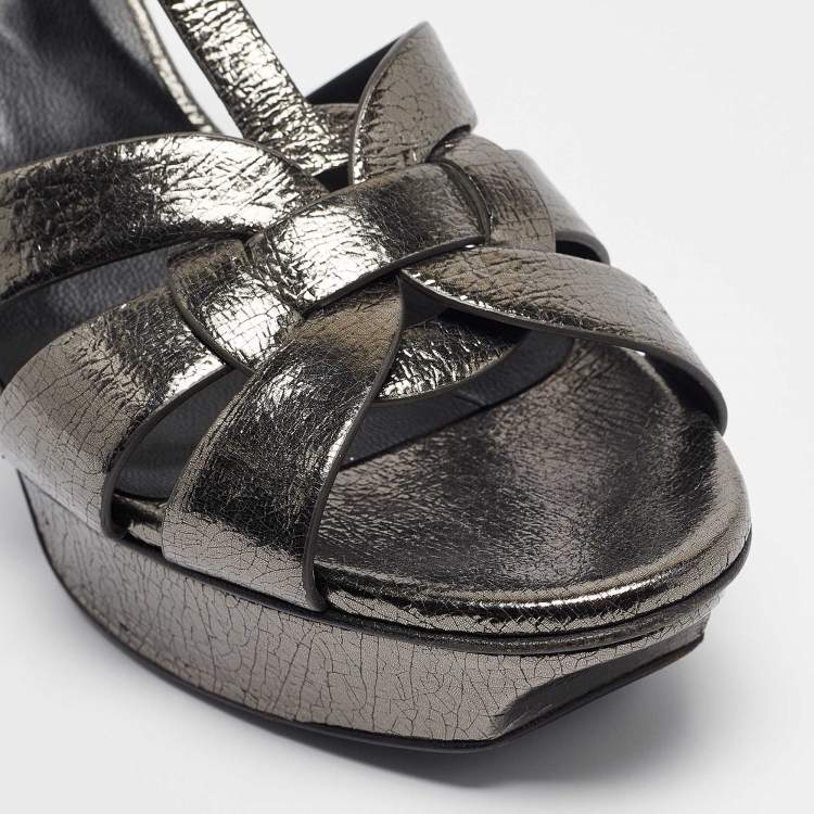 Pre Owned Saint Laurent Metallic Grey Textured Leather Tribute Sandals Size 41