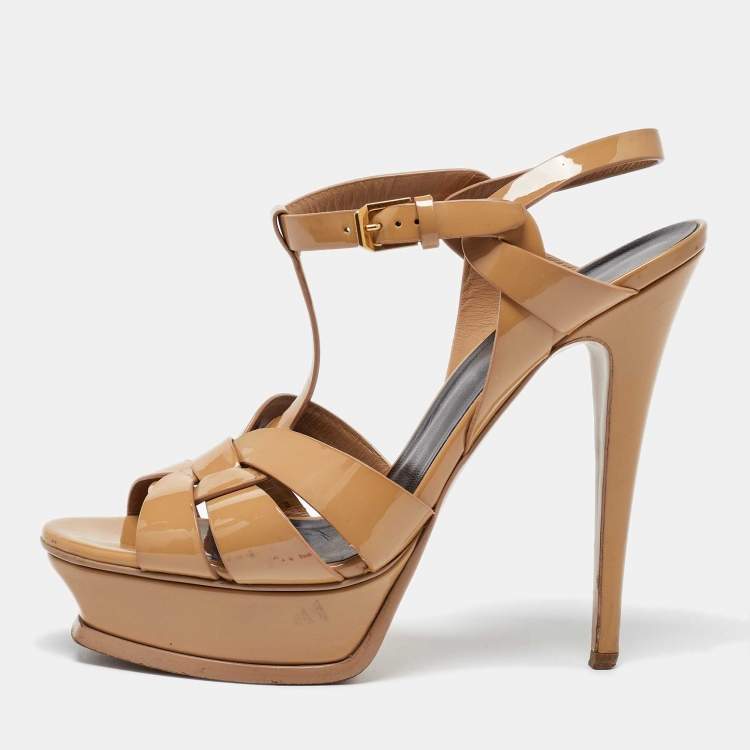Pre Owned Saint Laurent Beige Patent Leather Tribute Sandals Size 39