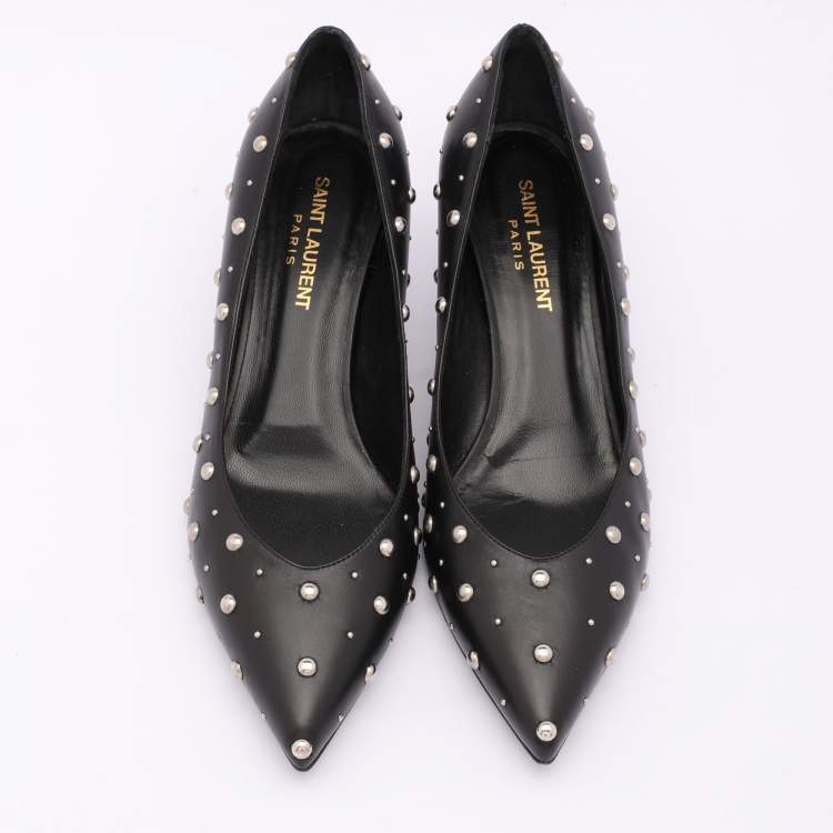 مملوكة مسبقًا Saint Laurent Black Leather Embellished Pointed Toe Pumps Size 37