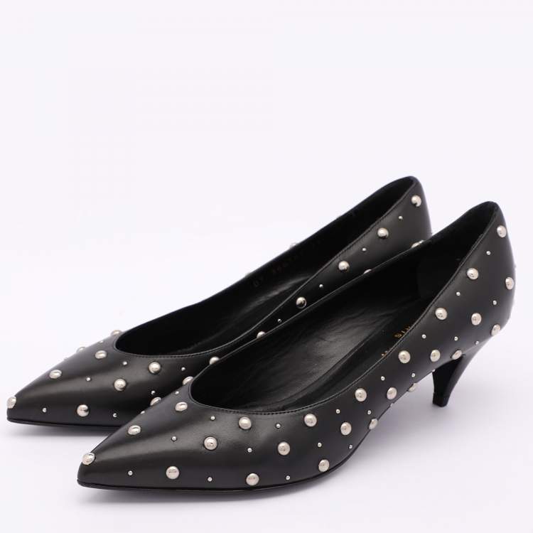 مملوكة مسبقًا Saint Laurent Black Leather Embellished Pointed Toe Pumps Size 37