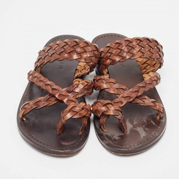 Pre Owned Saint Laurent Brown Braided Leather Neil Flat Slides Size 37