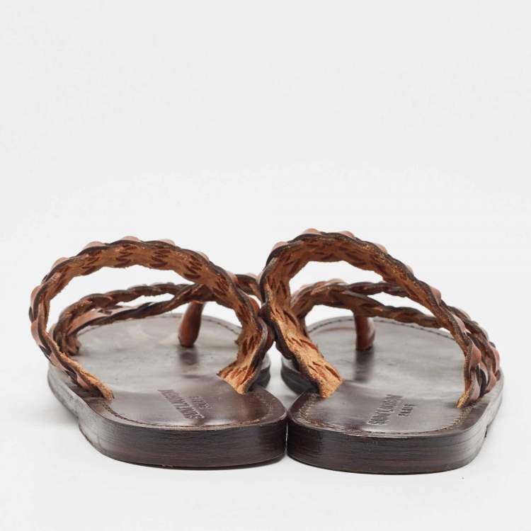 Pre Owned Saint Laurent Brown Braided Leather Neil Flat Slides Size 37