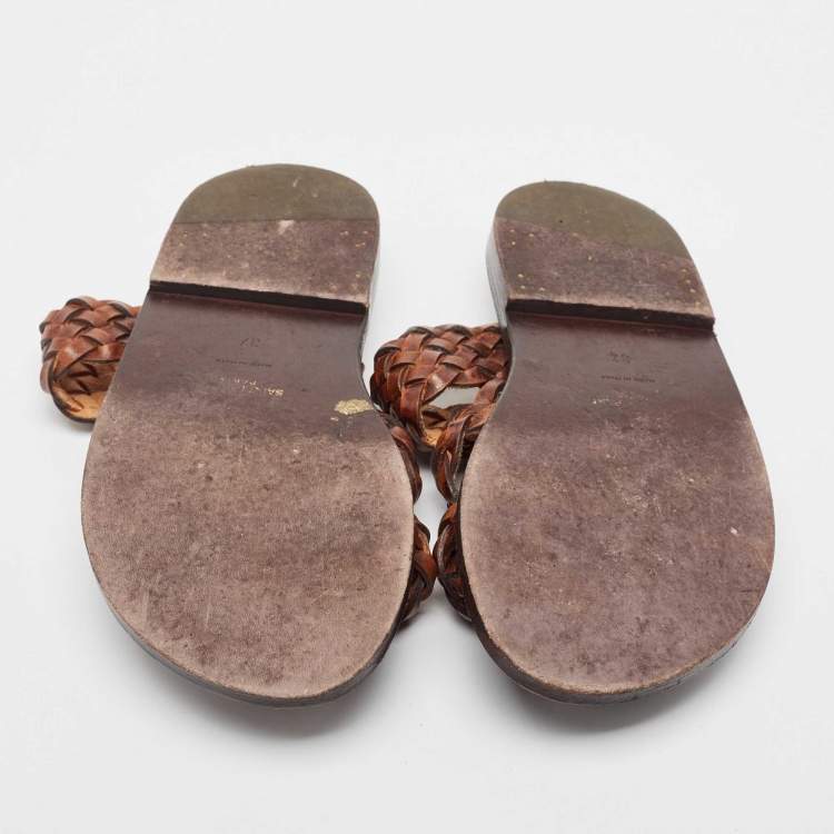Pre Owned Saint Laurent Brown Braided Leather Neil Flat Slides Size 37