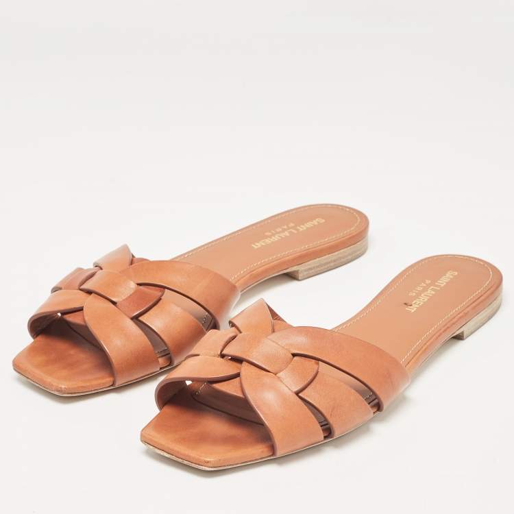 Pre Owned Saint Laurent Brown Leather Tribute Flat Sandals Size 39