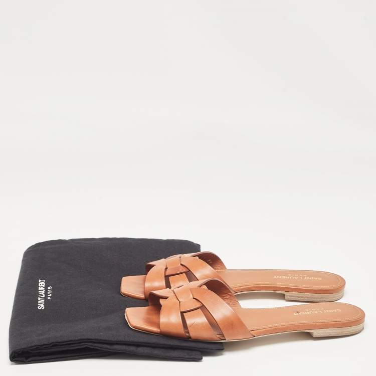 Pre Owned Saint Laurent Brown Leather Tribute Flat Sandals Size 39