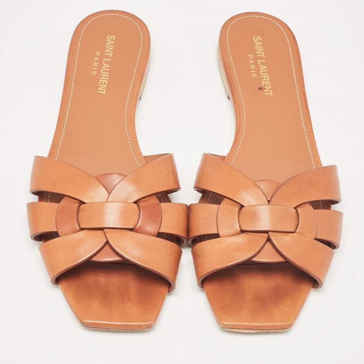 Pre Owned Saint Laurent Brown Leather Tribute Flat Sandals Size 39