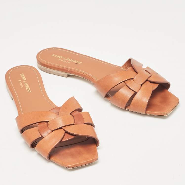 Pre Owned Saint Laurent Brown Leather Tribute Flat Sandals Size 39