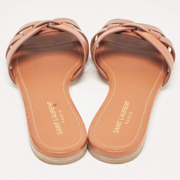 Pre Owned Saint Laurent Brown Leather Tribute Flat Sandals Size 39