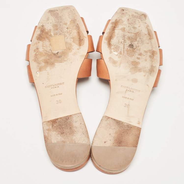 Pre Owned Saint Laurent Brown Leather Tribute Flat Sandals Size 39