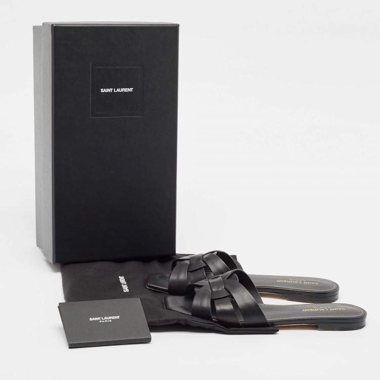 Pre Owned Saint Laurent Black Leather Tribute Flat Sandals Size 38.5
