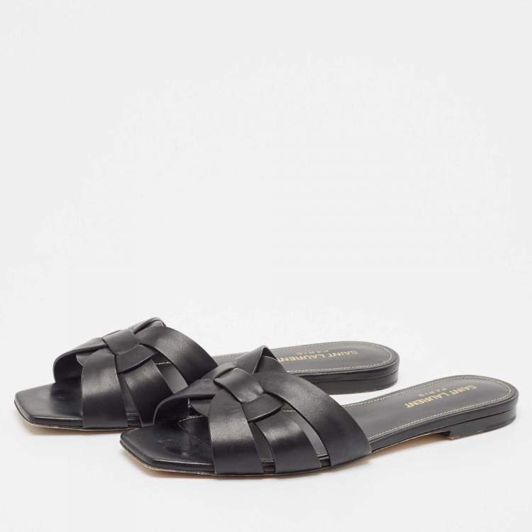 Pre Owned Saint Laurent Black Leather Tribute Flat Sandals Size 38.5