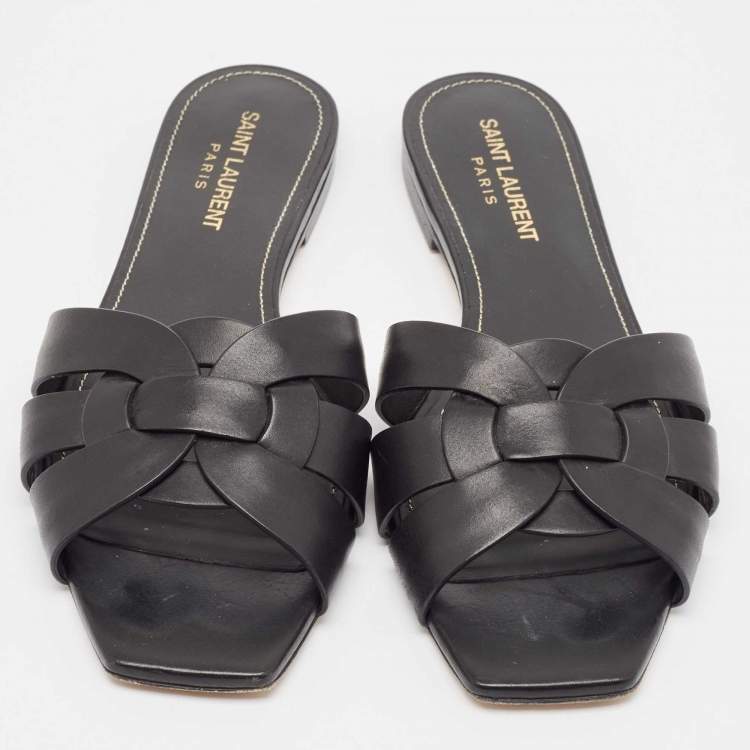 Pre Owned Saint Laurent Black Leather Tribute Flat Sandals Size 38.5