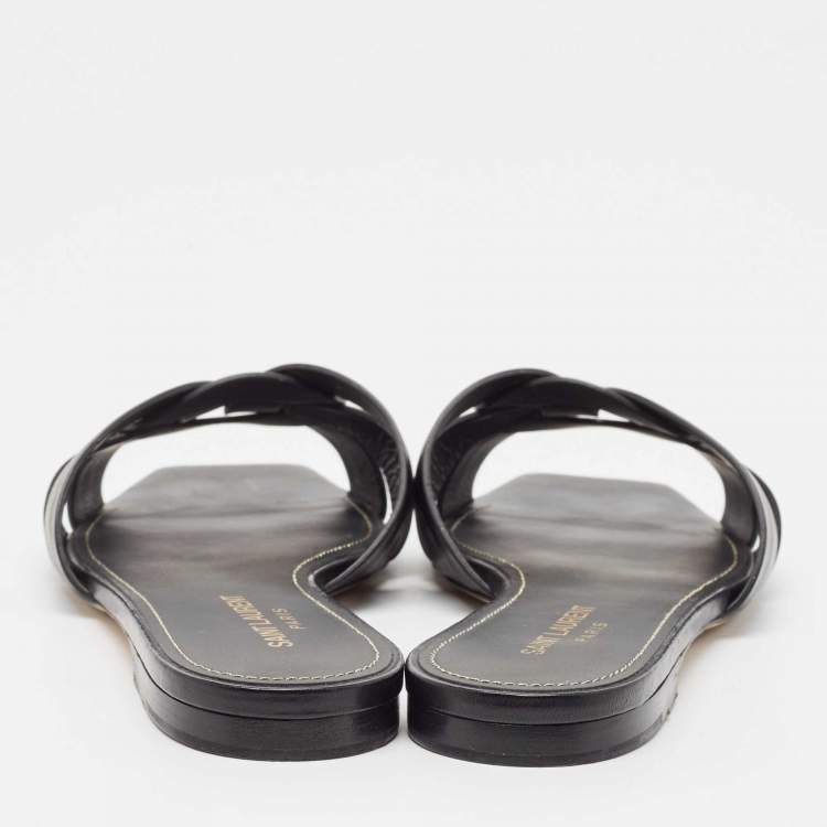 Pre Owned Saint Laurent Black Leather Tribute Flat Sandals Size 38.5