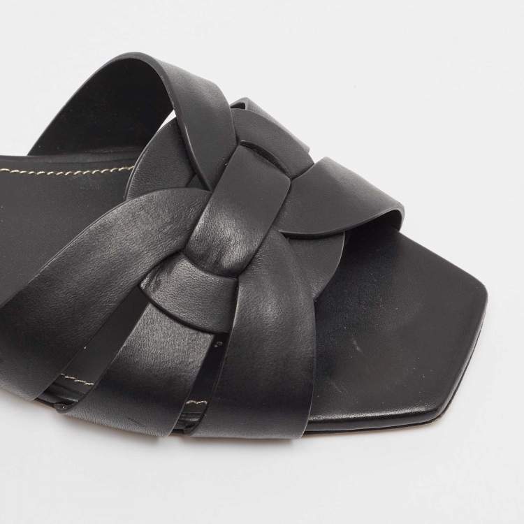 Pre Owned Saint Laurent Black Leather Tribute Flat Sandals Size 38.5