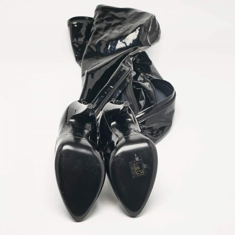 Pre Owned Saint Laurent Black Patent Leather Thigh High Boots Size 38