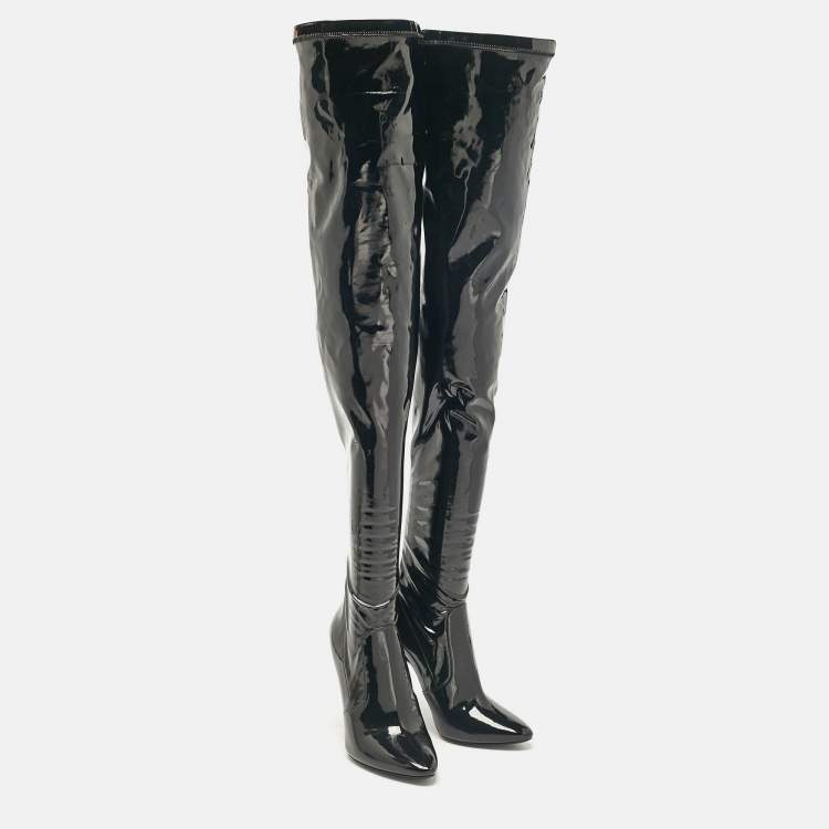 Pre Owned Saint Laurent Black Patent Leather Thigh High Boots Size 38