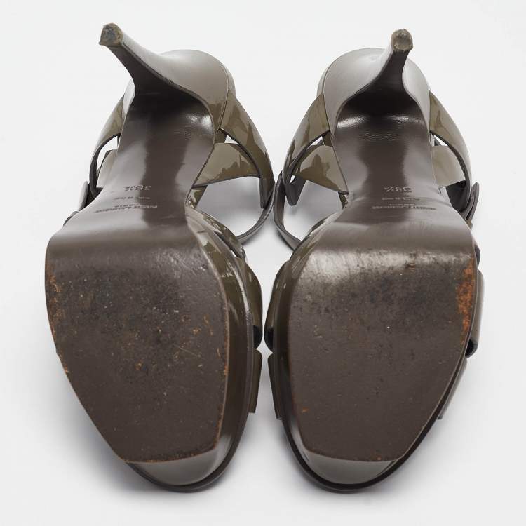 Pre Owned Saint Laurent Grey Patent Leather Tribute Platform Sandals 38.5