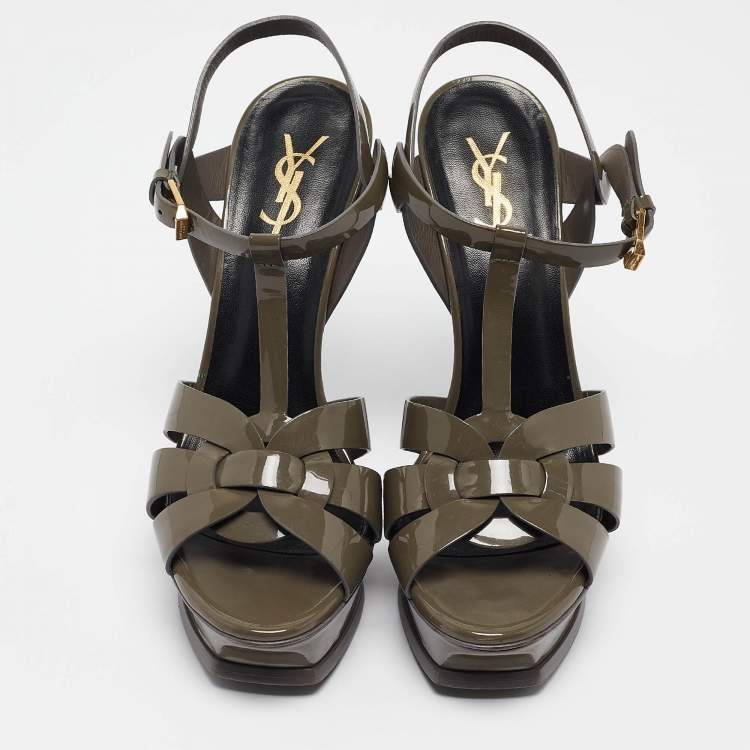 Pre Owned Saint Laurent Grey Patent Leather Tribute Platform Sandals 38.5