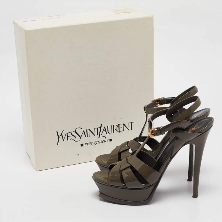 Pre Owned Saint Laurent Grey Patent Leather Tribute Platform Sandals 38.5