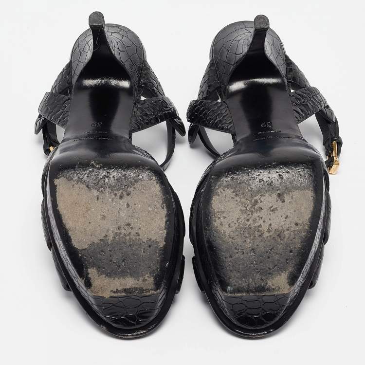 مملوكة مسبقًا Saint Laurent Black Croc Embossed Leather Tribute Platform Sandals Size 39