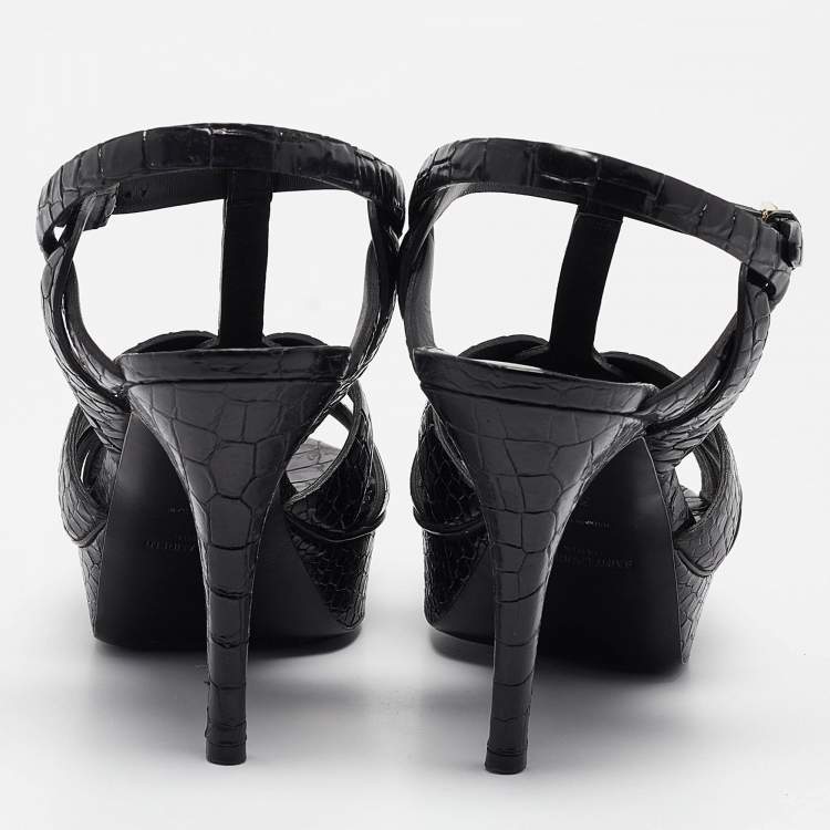 مملوكة مسبقًا Saint Laurent Black Croc Embossed Leather Tribute Platform Sandals Size 39