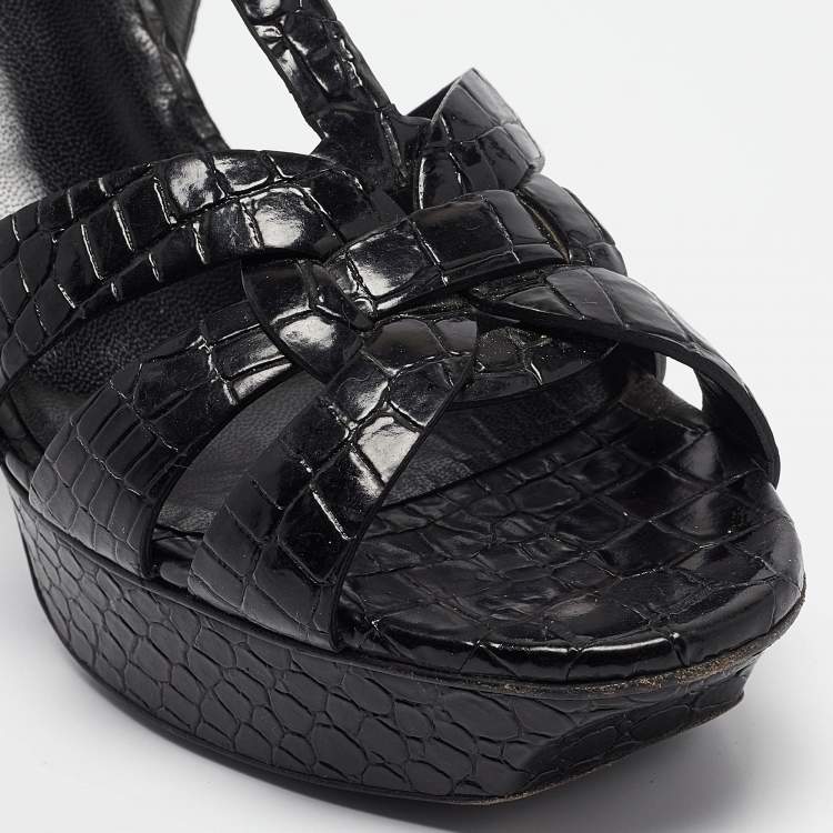 مملوكة مسبقًا Saint Laurent Black Croc Embossed Leather Tribute Platform Sandals Size 39