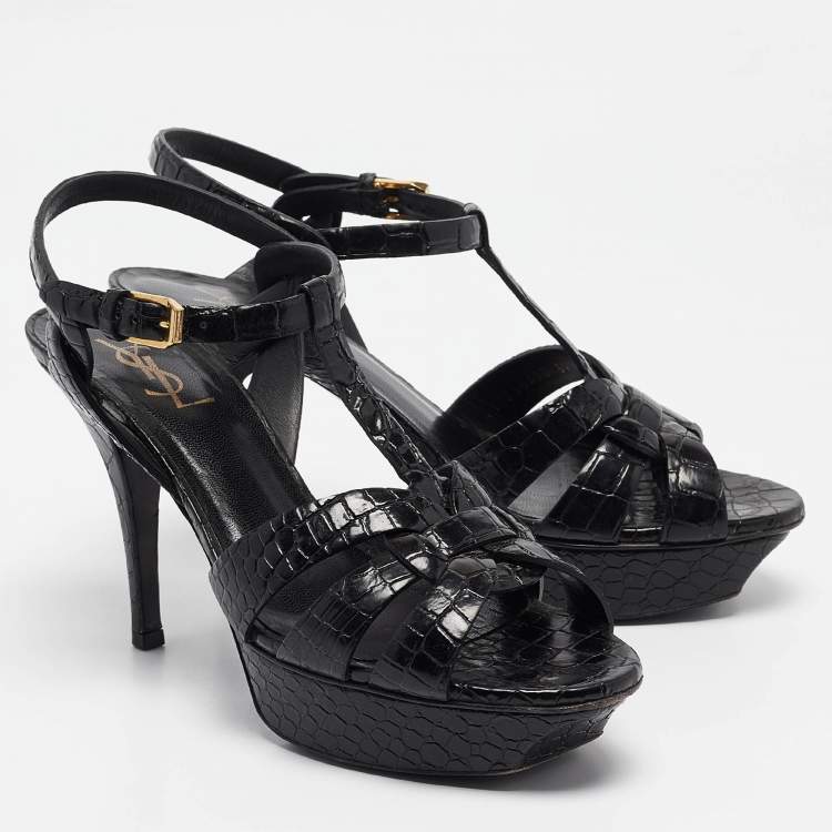 مملوكة مسبقًا Saint Laurent Black Croc Embossed Leather Tribute Platform Sandals Size 39