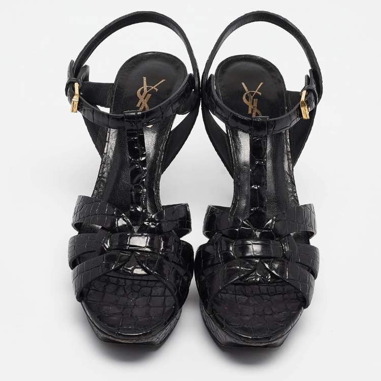 مملوكة مسبقًا Saint Laurent Black Croc Embossed Leather Tribute Platform Sandals Size 39