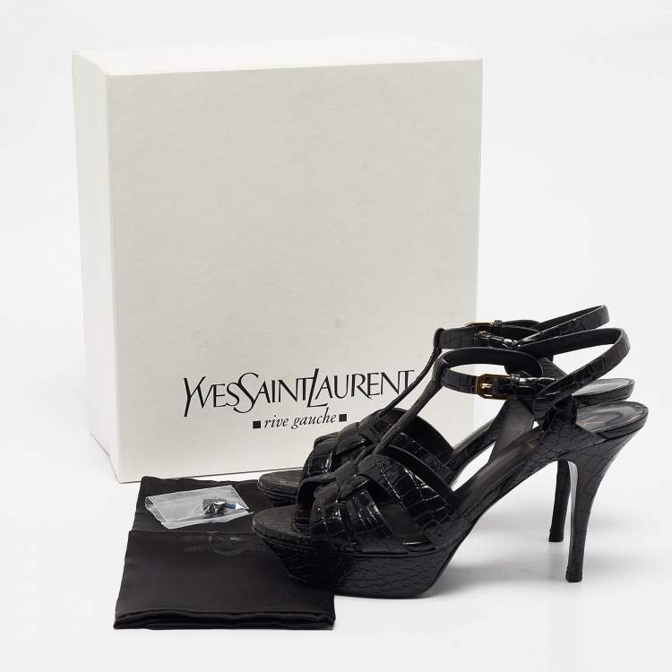 مملوكة مسبقًا Saint Laurent Black Croc Embossed Leather Tribute Platform Sandals Size 39