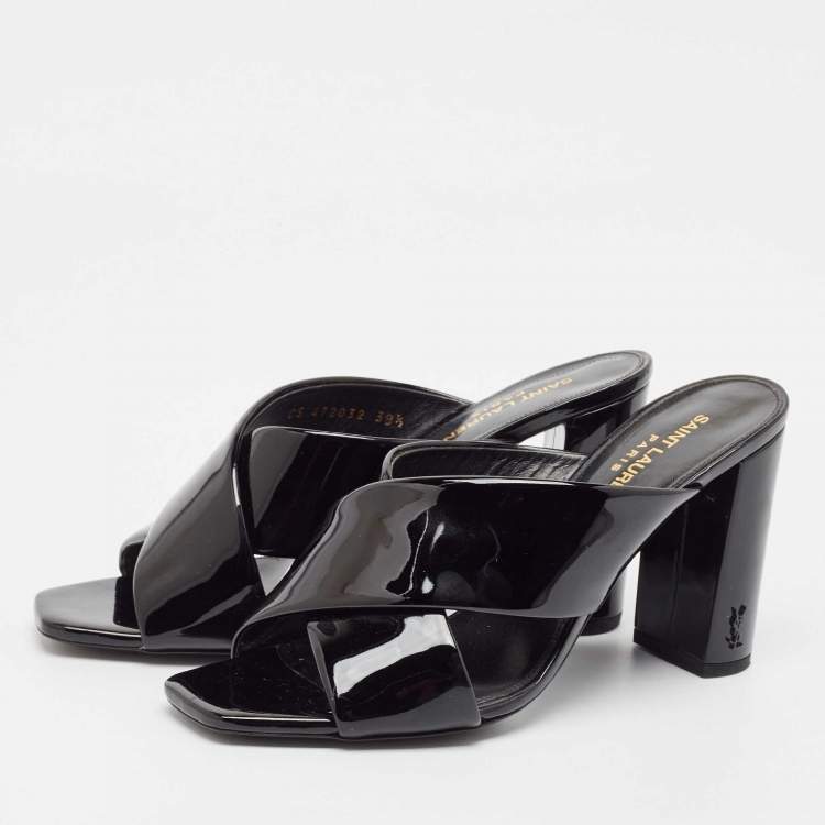 Pre Owned Saint Laurent Black Patent Leather Loulou Ankle Strap Sandals Size 38.5