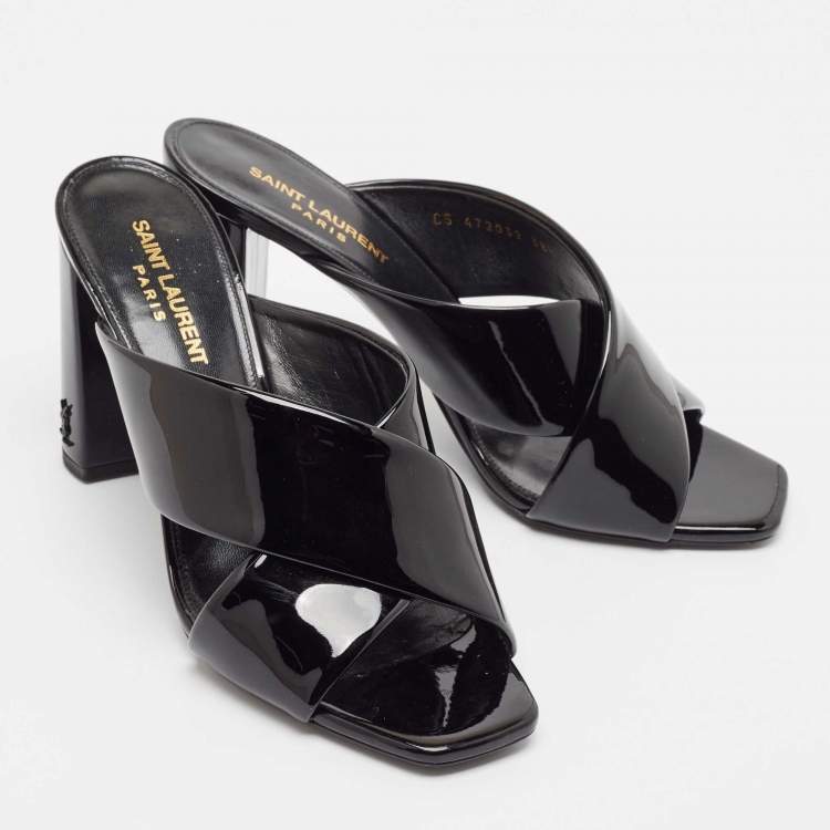 Pre Owned Saint Laurent Black Patent Leather Loulou Ankle Strap Sandals Size 38.5