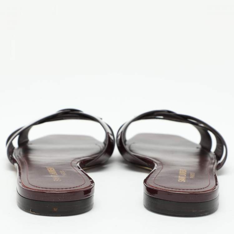 Pre Owned Saint Laurent Burgundy Patent Leather Tribute Flat Slides Size 39.5