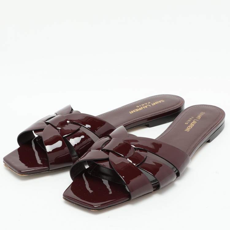 Pre Owned Saint Laurent Burgundy Patent Leather Tribute Flat Slides Size 39.5