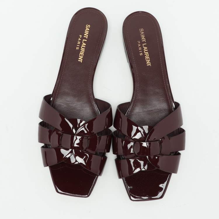 Pre Owned Saint Laurent Burgundy Patent Leather Tribute Flat Slides Size 39.5