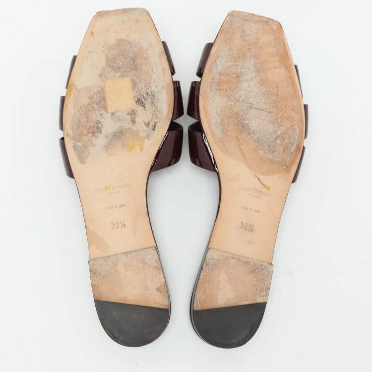 Pre Owned Saint Laurent Burgundy Patent Leather Tribute Flat Slides Size 39.5