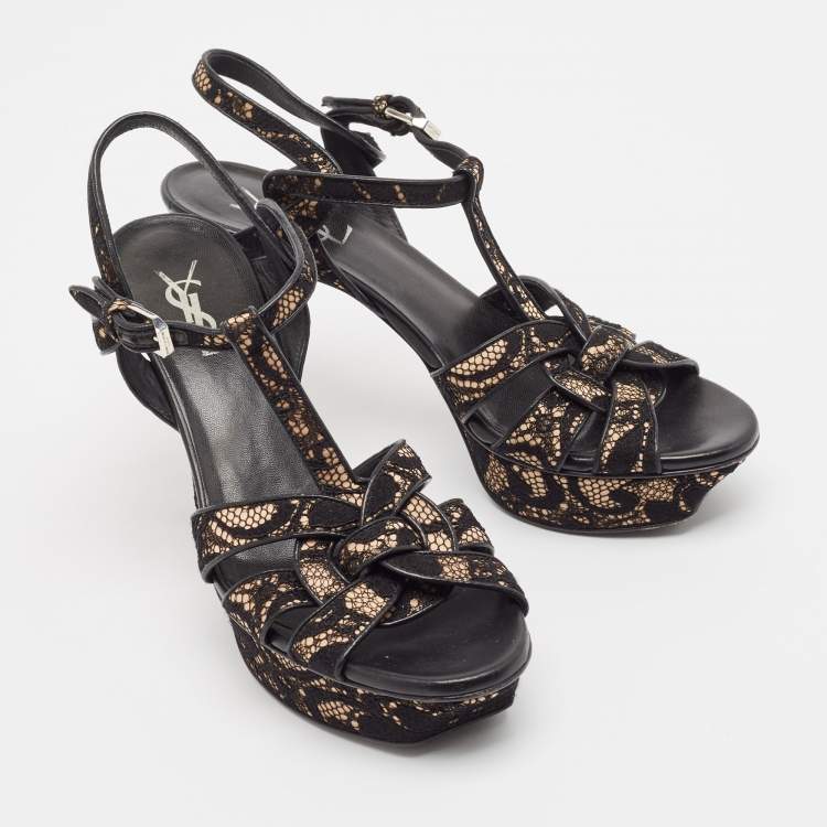 Pre Owned Saint Laurent Black/Beige Lace and Satin Tribute Sandals Size 38.5