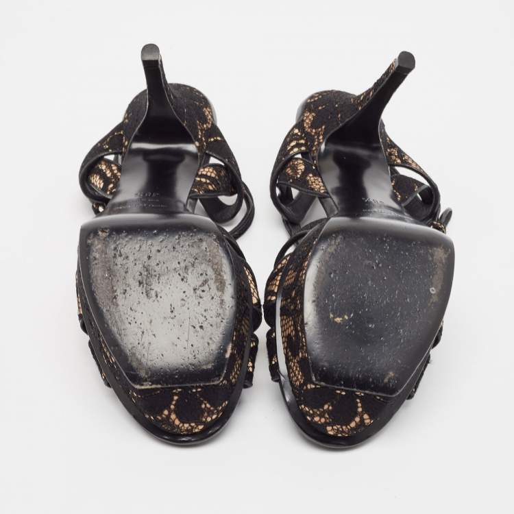 Pre Owned Saint Laurent Black/Beige Lace and Satin Tribute Sandals Size 38.5