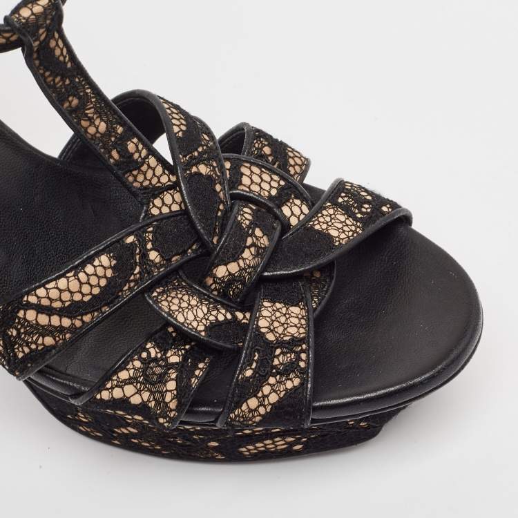 Pre Owned Saint Laurent Black/Beige Lace and Satin Tribute Sandals Size 38.5