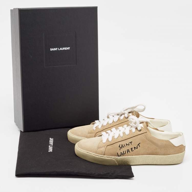 Pre Owned Saint Laurent Beige Suede Court Classic Lace Up Sneakers Size 37