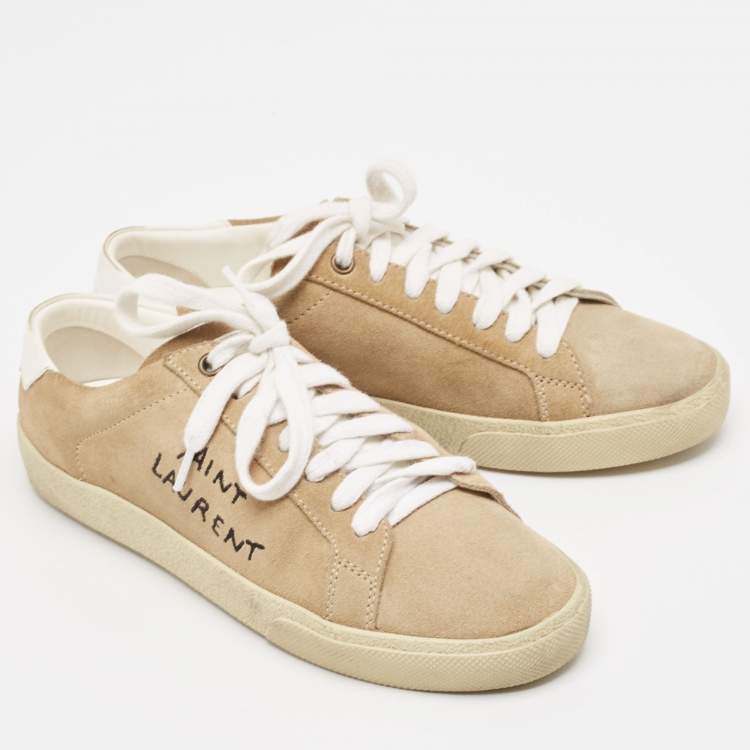 Pre Owned Saint Laurent Beige Suede Court Classic Lace Up Sneakers Size 37