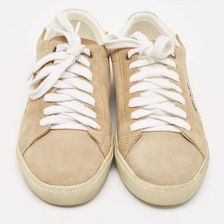 Pre Owned Saint Laurent Beige Suede Court Classic Lace Up Sneakers Size 37