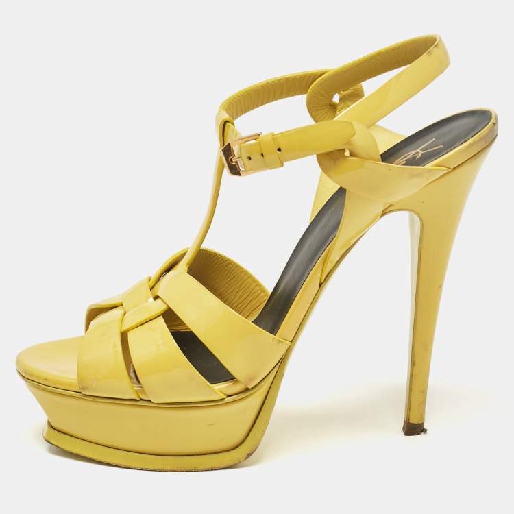 Pre Owned Saint Laurent Yellow Patent Tribute Platform Sandals Size 38.5