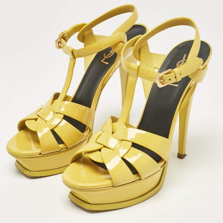 Pre Owned Saint Laurent Yellow Patent Tribute Platform Sandals Size 38.5
