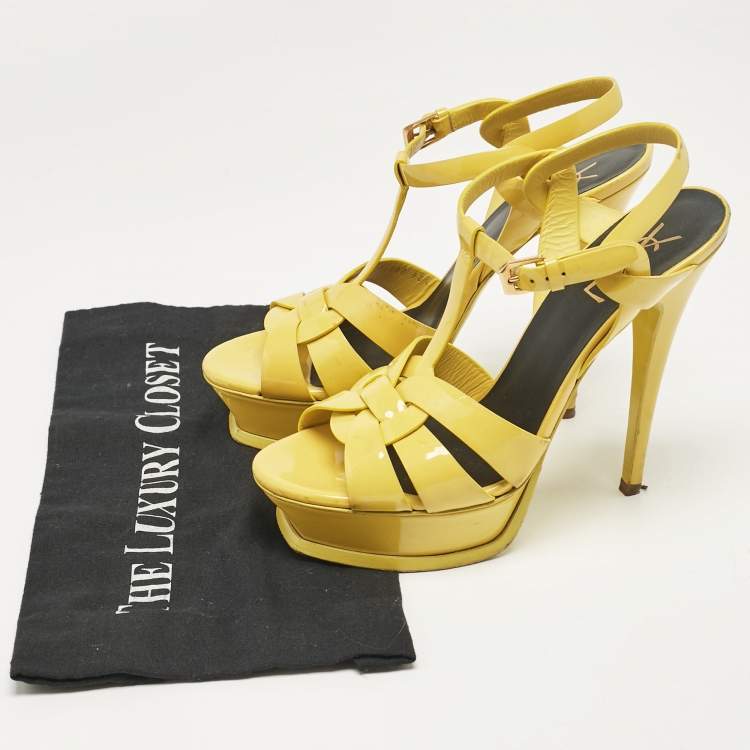 Pre Owned Saint Laurent Yellow Patent Tribute Platform Sandals Size 38.5